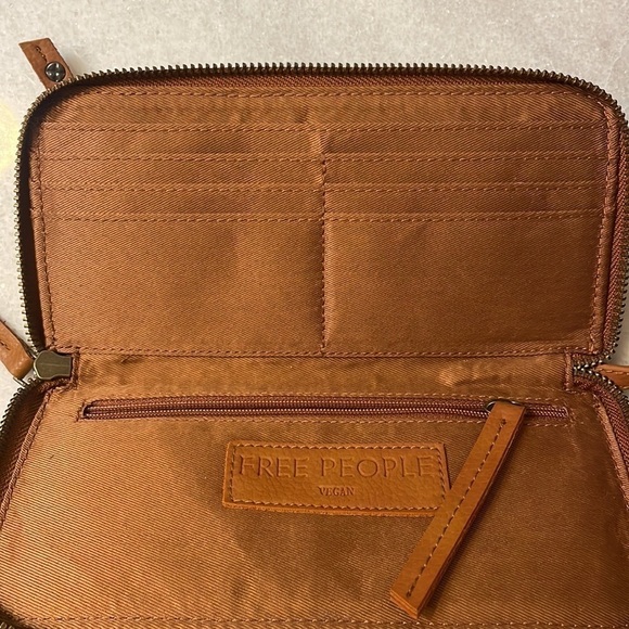 Free People Distressed Vegan Wristlet Wallet Caramel Color Soft OS - Picture 2 of 9